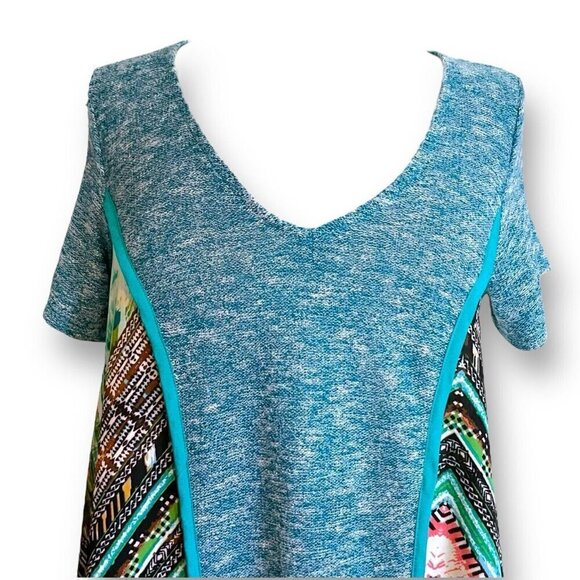 Poeme by Citron Womens Tunic Top Sz Medium Blue Mixed Media Knit Sharkbite Hem - Picture 3 of 7